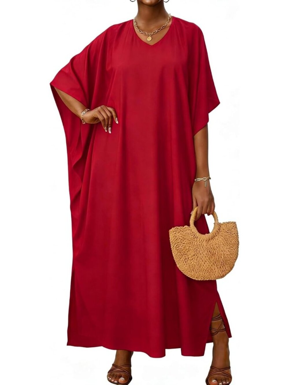Women's All Red Plus Size V Neck Caftan Long Batwing Sleeve Cover Up